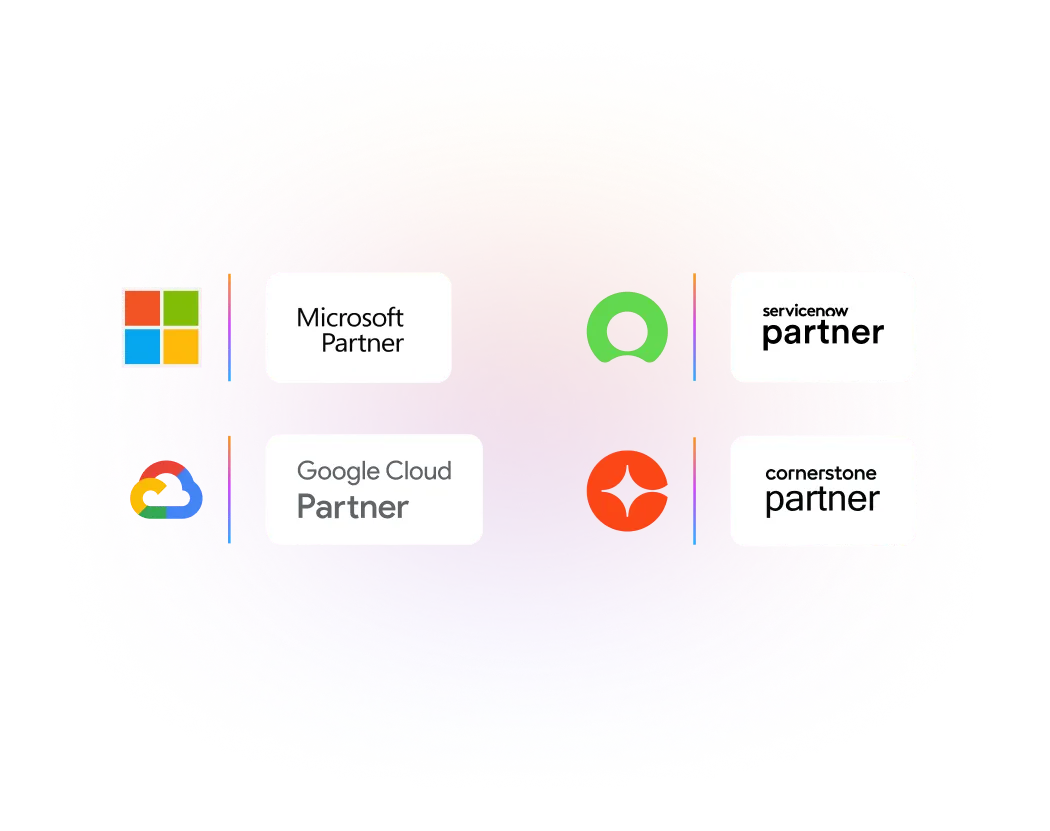 Logos of Microsoft Partner, Google Cloud Partner, ServiceNow Partner, and Cornerstone Partner on a colorful gradient background.