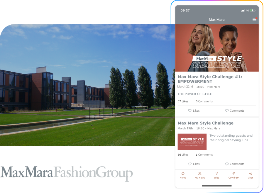 Modern building with expansive; mobile screen on right showing Max Mara Style Challenge posts featuring an employee app, with updates and news.