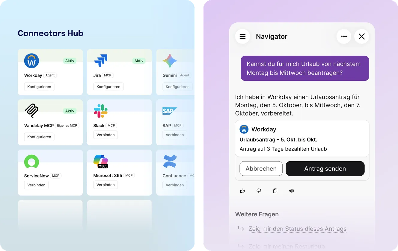 Staffbase Connectors Hub mit aktiven Workday-, Jira- und Vandelay-MCP-Verbindungen sowie der KI-Assistent Navigator, der einen Urlaubsantrag in Workday vorbereitet.