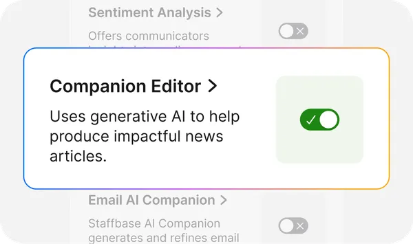 Interface showing "Companion Editor" feature, details on using generative AI for impactful news articles, with a toggle switch turned on.