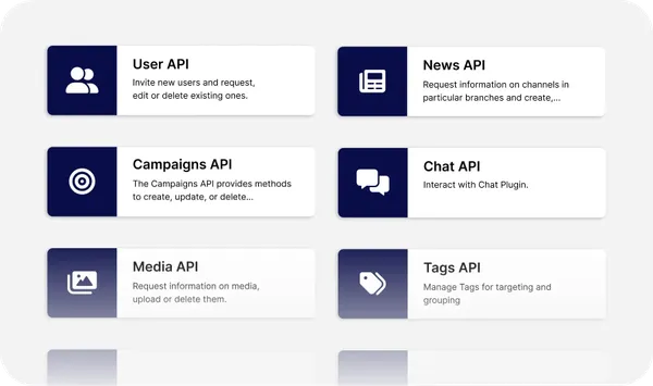 A grid of six labeled API cards: User, News, Campaigns, Chat, Media, and Tags, each with icons and brief descriptions.