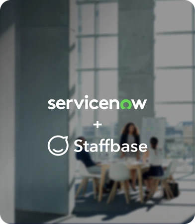 Company logos of ServiceNow and Staffbase over a blurred office meeting scene.