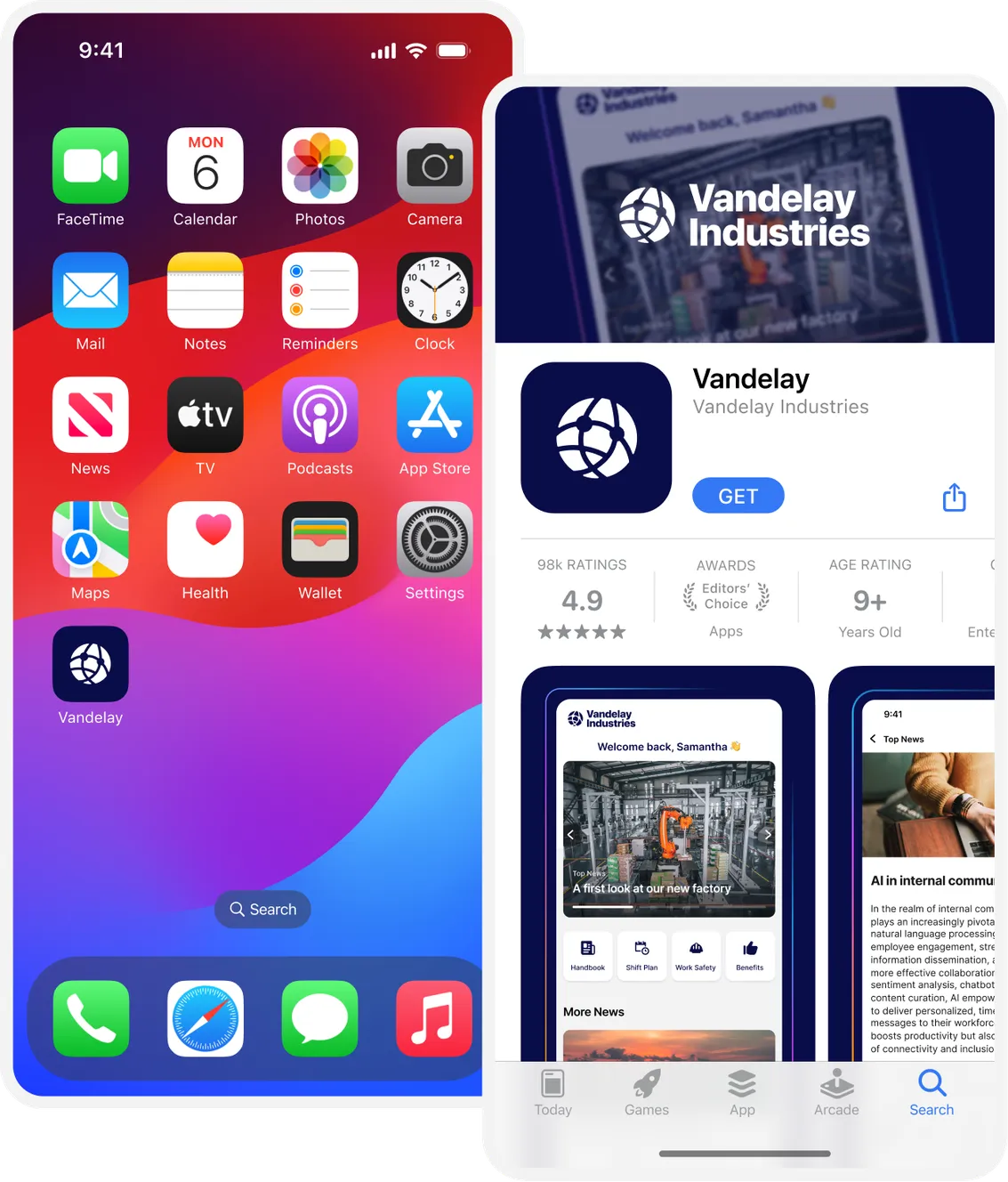 iPhone home screen with app icons and App Store page for "Vandelay Industries" app, showing ratings and screenshots.