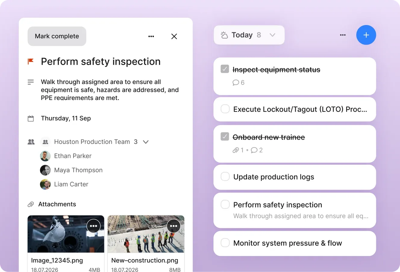 Two panels showing people using the task management system. The left panel shows a woman at a desk using a laptop with a team assignment overlay; the right panel shows a woman in a green shirt in a warehouse setting checking her smartphone with a "Completed" task notification overlay.