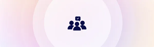 Icon of three silhouetted figures with a checkmark above, centered on a soft gradient background.
