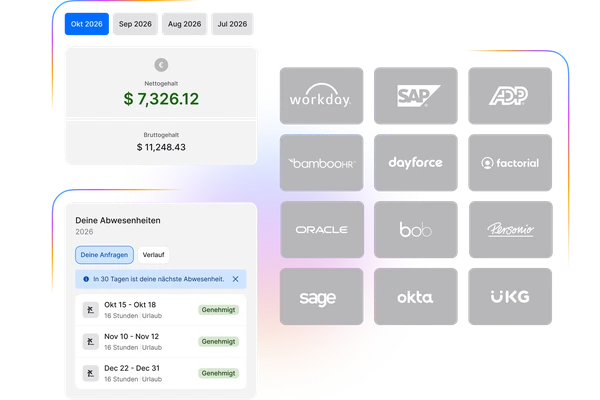 Darstellung von HR-Services in der Mitarbeiter-App. Die linke Seite zeigt das "Nettogehalt" ($7,326.12) und eine Übersicht der "Abwesenheiten" (genehmigte Urlaubstage). Die rechte Seite listet die Logos wichtiger HR-Integrationspartner wie Workday, SAP, ADP, bambooHR, dayforce, ORACLE, bob, Personio, sage, okta und UKG auf.