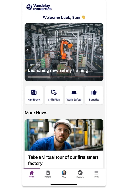 Factory training app interface with industrial robot, safety training headline, and news about a virtual factory tour with a worker in a hard hat.