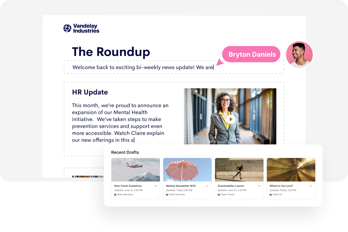 Email newsletter titled "The Roundup" with HR update, a photo of a smiling person, and a section for recent drafts at the bottom.