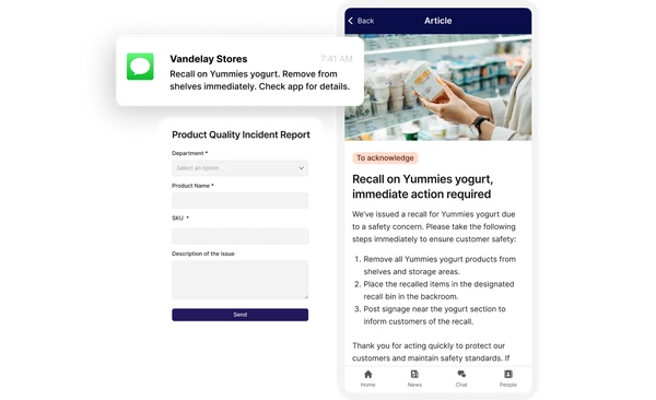 The image shows a notification, a form, and an article related to a product recall. The notification from