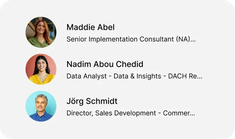 Profilkarten mit drei Personen: Maddie Abel, Nadim Abou Chedid und Jack Adams, mit ihren Berufsbezeichnungen und teilweise sichtbaren Beschreibungen.