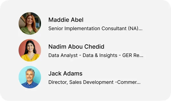 Profile cards showing three people: Maddie Abel, Nadim Abou Chedid, and Jack Adams, with their job titles and partially visible descriptions.