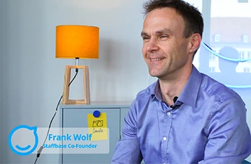 Smiling man in a blue shirt sits in an office with a lamp and sticky note on the wall. Text reads "Frank Wolf, Staffbase Co-Founder."