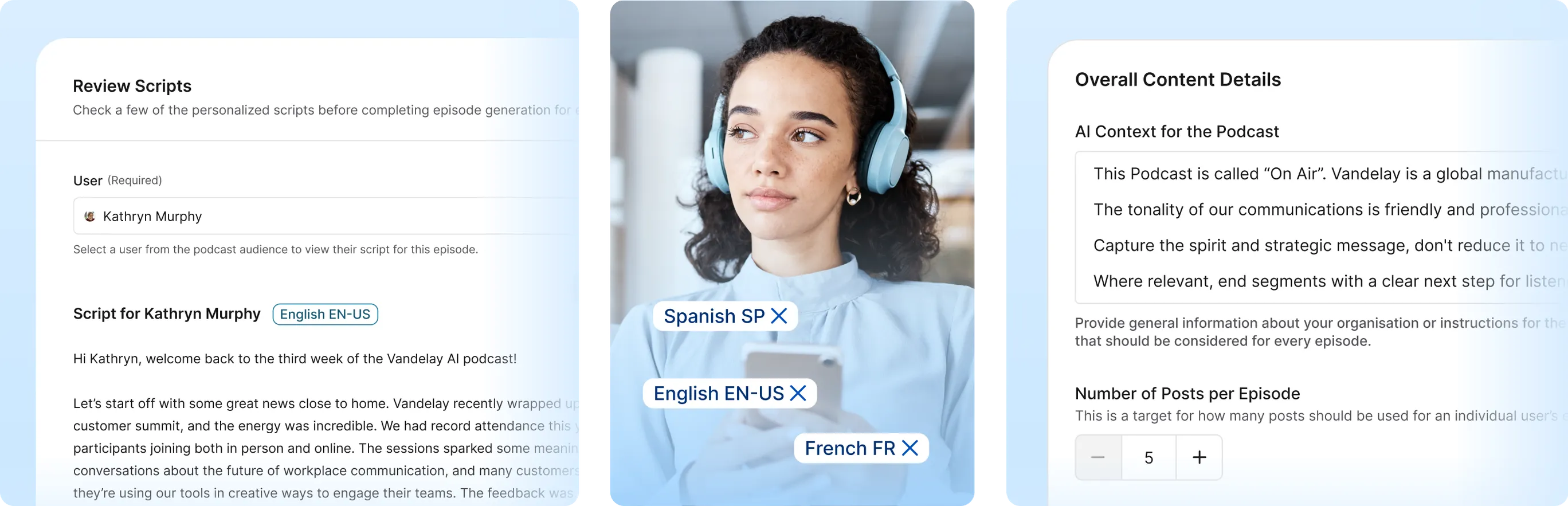 A person wearing headphones reviews multilingual podcast scripts on a digital platform, with text options in Spanish, English, and French visible.