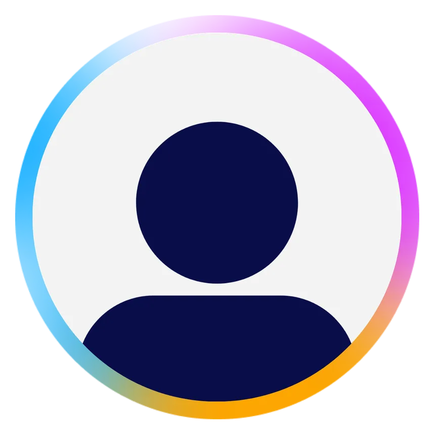 Default user avatar icon with a silhouette of a person inside a circle, outlined by a gradient border of blue, purple, and pink.