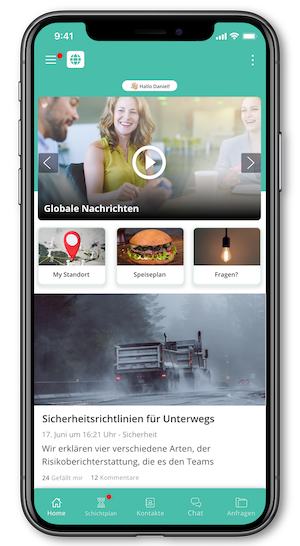 Beispiel für ein mobiles Intranet mit Nachrichten, Speiseplan und Schichtplan.