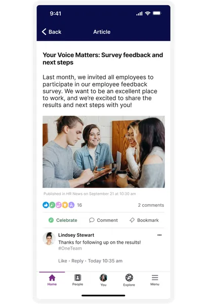 A group of people discussing survey feedback on a phone screen, with a comment from Lindsey Stewart below.