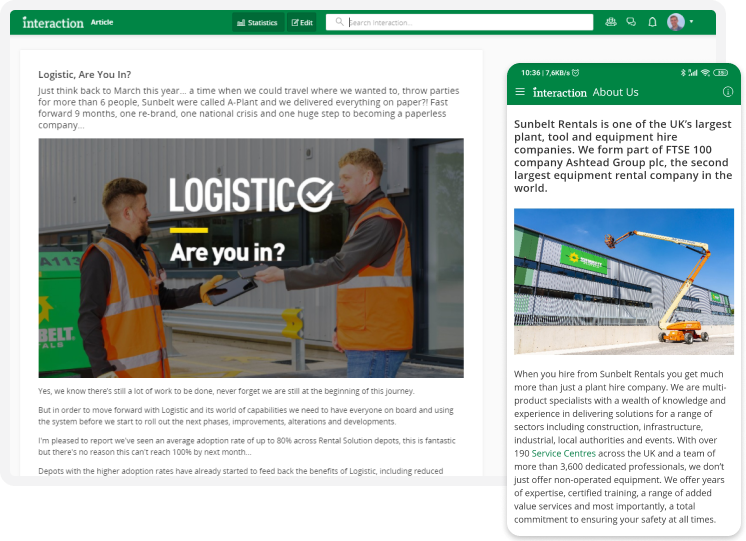 Two workers in safety vests talking. Text reads "Logistic, Are you in?" with a green-themed website layout featuring an article about Sunbelt Rentals.