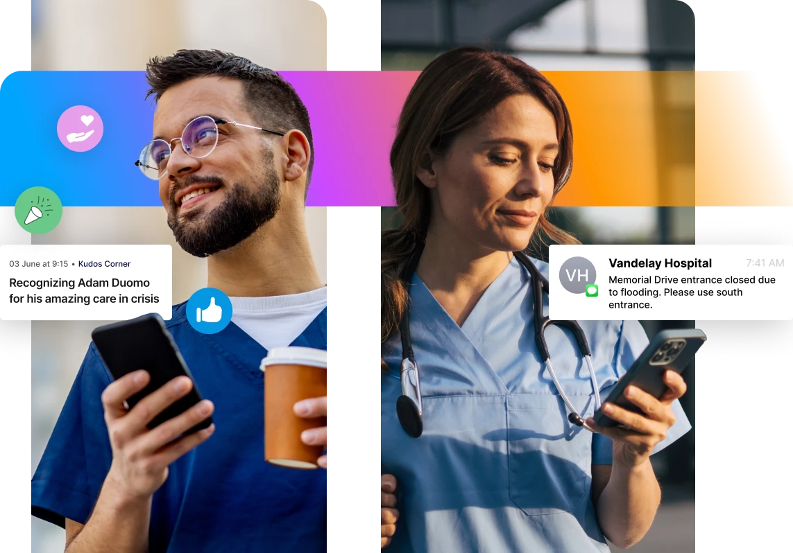 Two healthcare professionals in scrubs using smartphones. Notifications about recognizing a colleague and hospital entrance closure are visible.