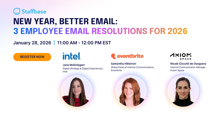 Promotional banner for Staffbase event: "New Year, Better Email: 3 Employee Email Resolutions for 2026" on January 28, 2026, at 11 AM EST.