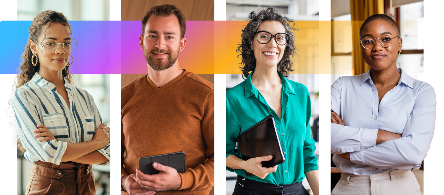 Four diverse professionals, two women and two men, stand confidently indoors, each holding a tablet or notebook, with a colorful gradient background.