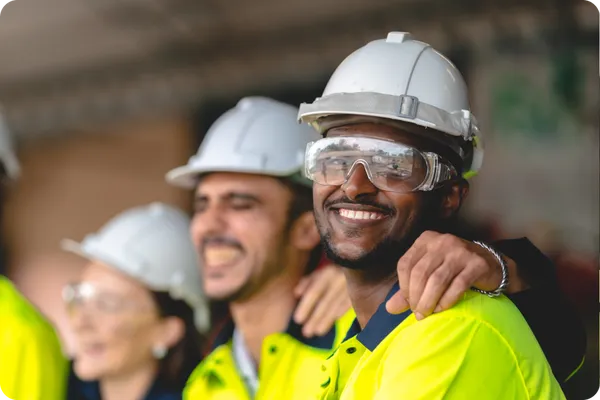 Smiling frontline worker in a hard hat and safety goggles, wearing a high-vis jacket, stands with teammates in the background as a colleague rests a hand on his shoulder