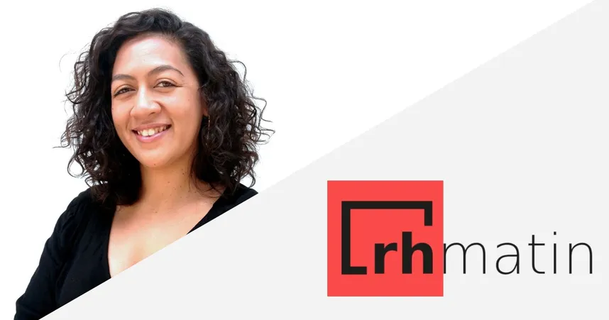 Smiling woman with curly hair on the left, "Crhmatin" logo on the right, featuring a red and black square design.