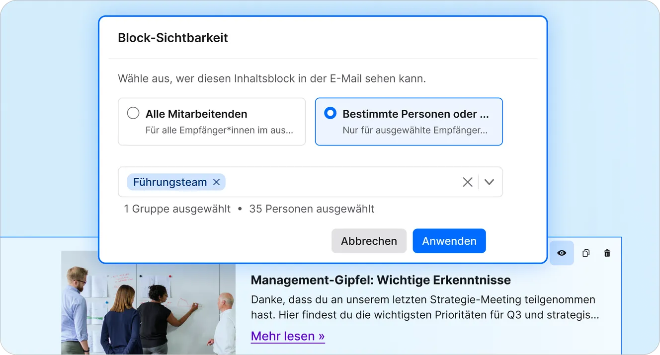 Staffbase Dialogfenster Block-Sichtbarkeit zur Auswahl zwischen allen Mitarbeitenden und einer bestimmten Gruppe wie dem Führungsteam