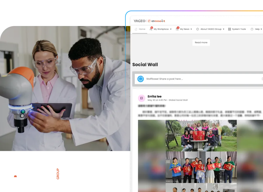 Two people in lab coats interact with a robotic arm. A social media page with various posts is displayed on the right.