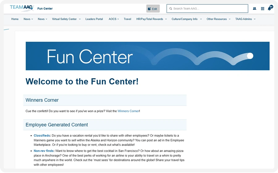 Screenshot of a webpage titled "Fun Center" with sections for "Winners Corner" and "Employee Generated Content," featuring a blue wave design.