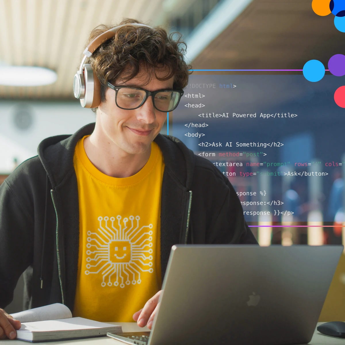 Person with headphones and glasses using a laptop, wearing a yellow shirt with a circuit design. HTML code overlay on the right.