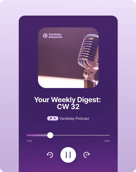 A podcast player interface showing an episode titled "Your Weekly Digest: CW 32" from Vandelay Industries.