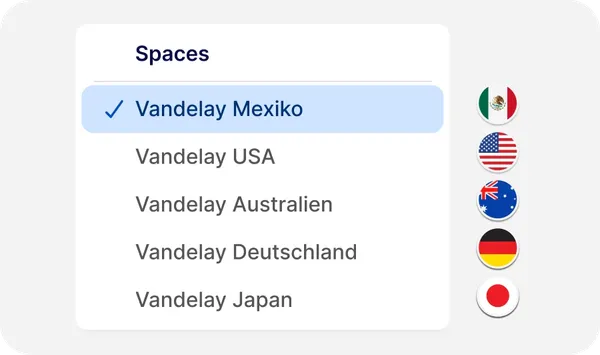Menü mit einer Liste von Orten, wobei „Vandelay Mexico” ausgewählt ist. Rechts sind die Flaggen von Mexiko, den USA, Australien, Deutschland und Japan zu sehen.