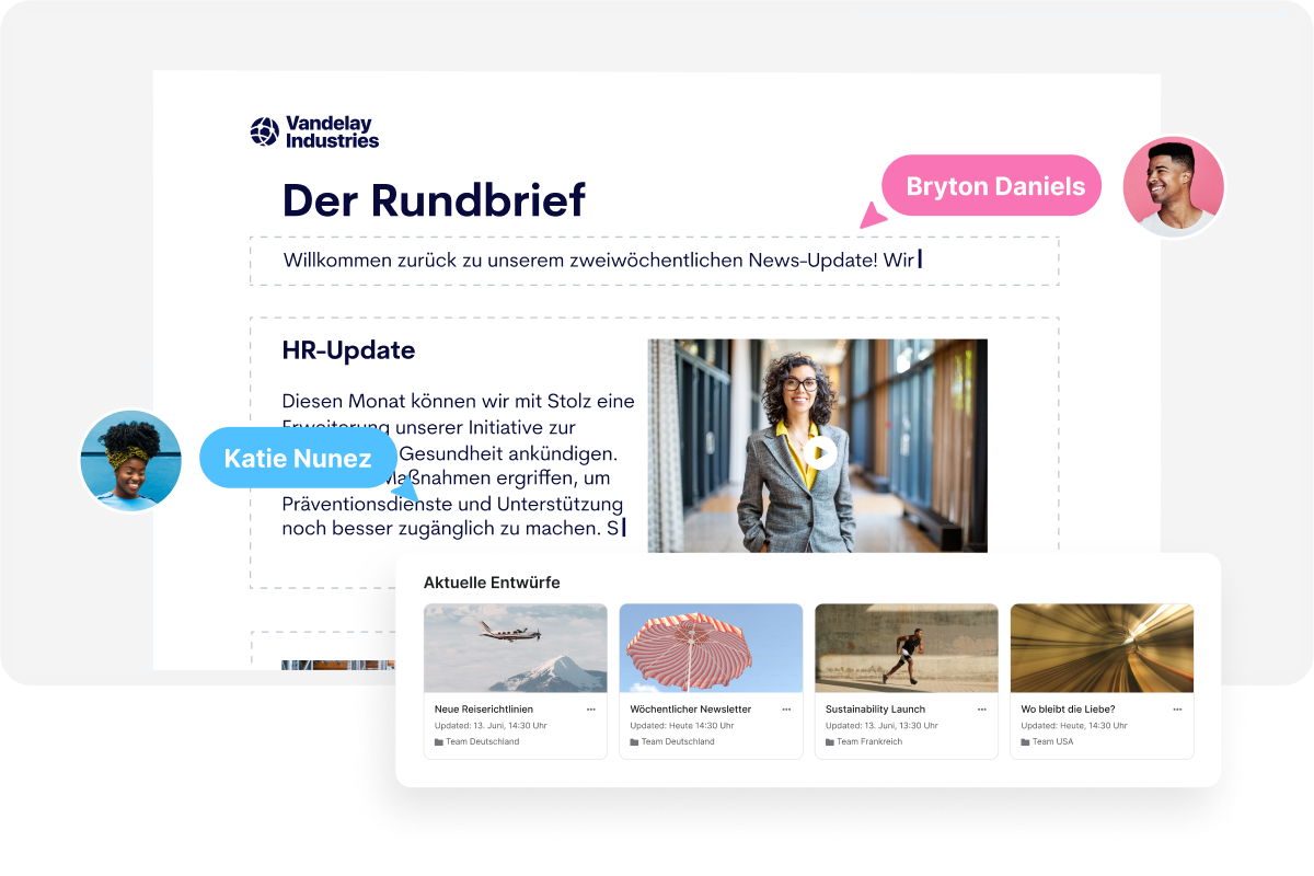 Email newsletter titled "The Roundup" with HR update, a photo of a smiling person, and a section for recent drafts at the bottom.