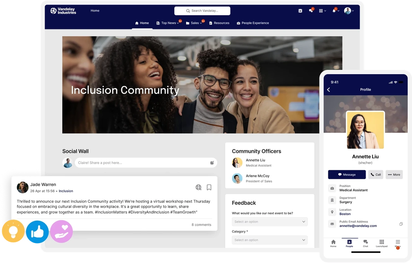A digital platform displaying an "Inclusion Community" page with user posts, feedback, and member profiles on desktop and mobile screens.