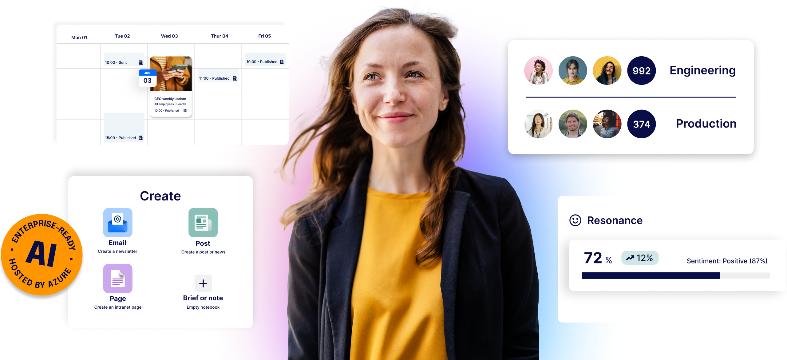 Smiling woman with long hair stands in front of digital interface displaying schedules, team stats, and sentiment analysis.
