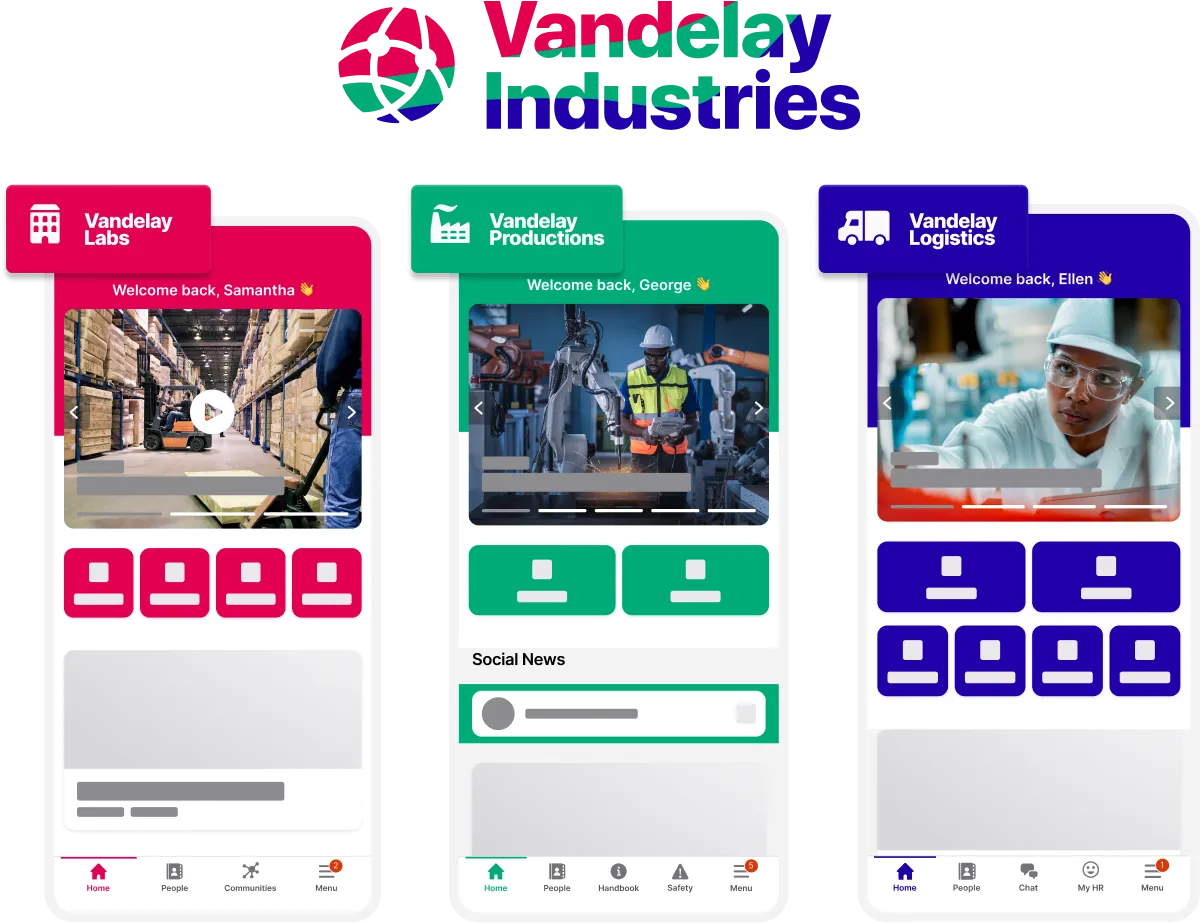 Three mobile app screens for Vandelay Industries: Labs, Productions, and Logistics, featuring welcome messages and various icons.