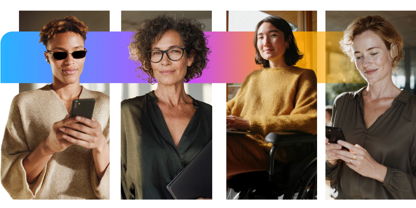Four diverse women in different settings, each confidently using technology. One is in a wheelchair, others hold phones or tablets.