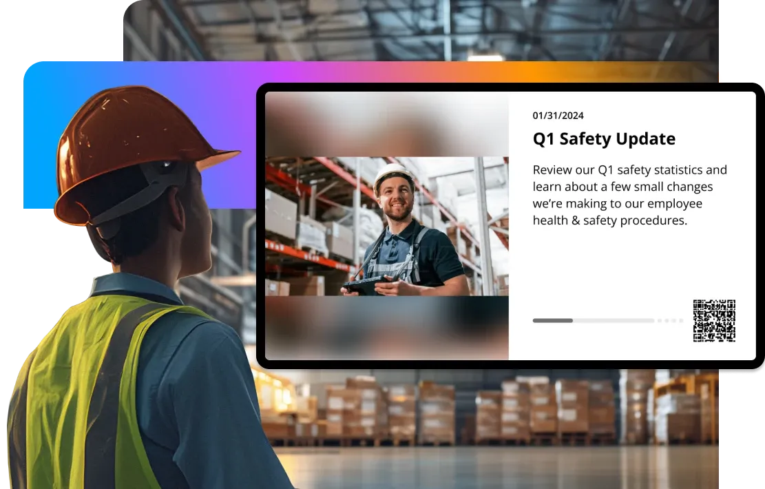 A worker in a hard hat and vest looks at a digital screen displaying a "Q1 Safety Update" with a warehouse background.