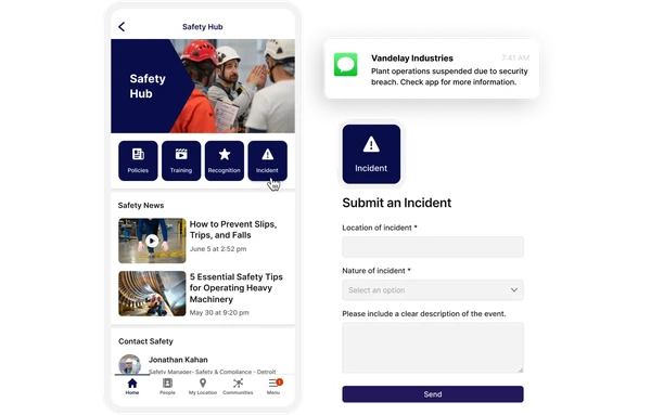 Mobile app interface showing a safety hub with news, training, and incident reporting features, including a notification about a security breach.