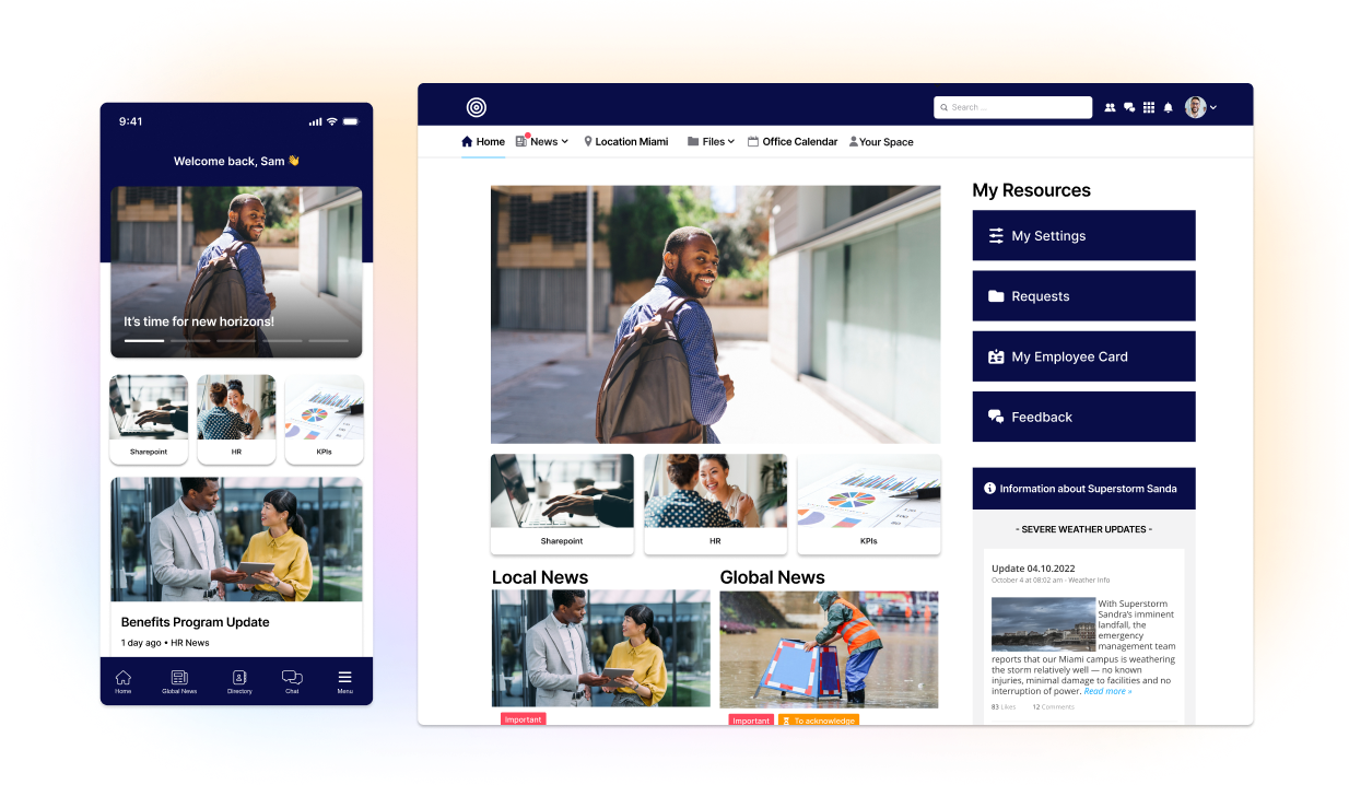 Mobile and desktop screens showing a user-friendly employee portal with news, resources, and a navigation menu.
