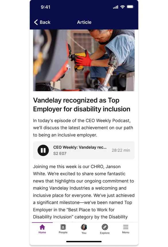 A podcast app screen showing an episode about Vandelay being recognized as a top employer for disability inclusion, with a person working in the image.