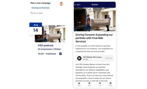 Split-screen image: Left shows a calendar event and podcast details; right shows a podcast article with movers carrying a couch.