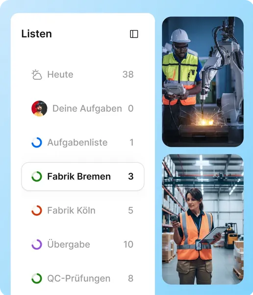 Eine Ansicht des Menüs „Listen“ mit verschiedenen Kategorien wie „Heute“, „Fabrik Bremen“ und „QC-Prüfungen“ sowie der jeweiligen Anzahl an Aufgaben. Rechts daneben zeigen zwei Fotos Mitarbeitende in einer Industriehalle beim Bedienen eines Roboters und beim Prüfen von Beständen per Smartphone.