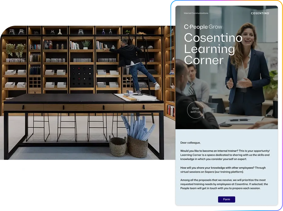 A person reaches for a book on a tall shelf beside a table. A digital display promotes the "Cosentino Learning Corner" with a form and text.