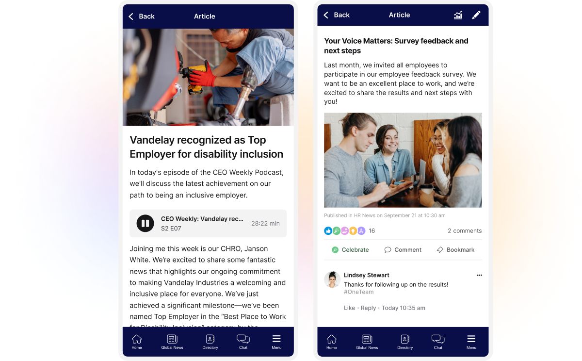 Two mobile screens showing articles: one on Vandelay's top employer recognition, the other on employee feedback survey results.