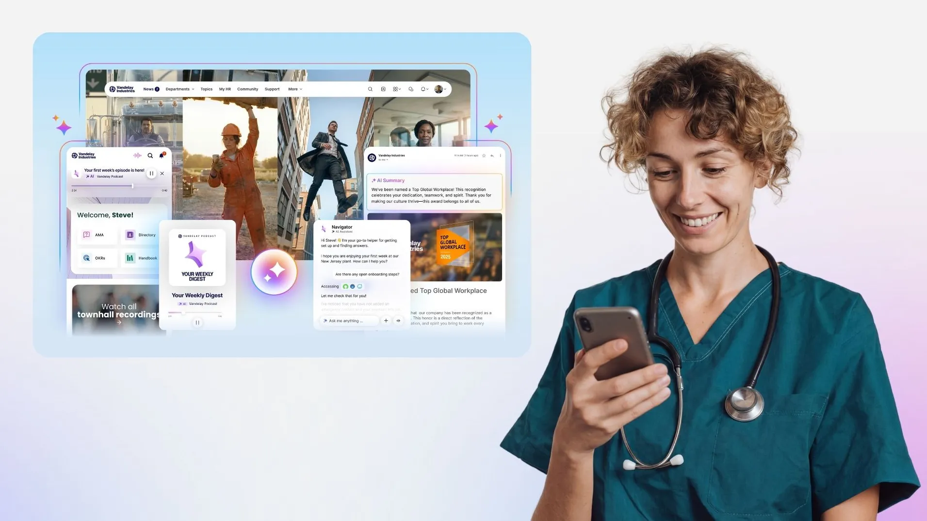 How is AI changing employee experience image featuring a nurse on a mobile devie with an employee experience platform from Staffbase in the background