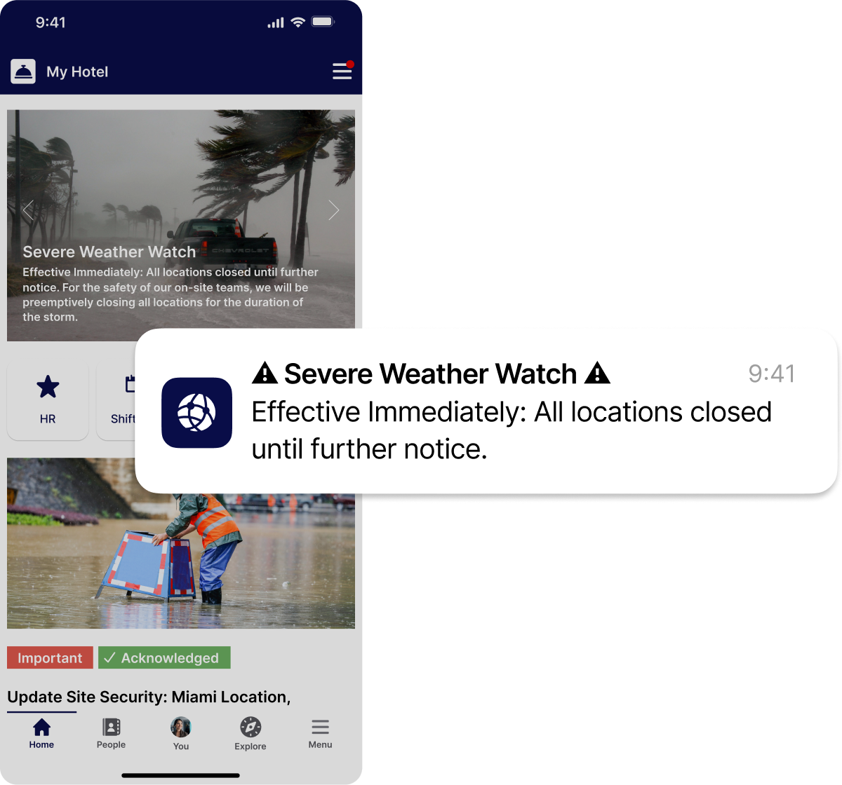 Mobile app screen showing a severe weather alert notification about all locations being closed, with images of stormy weather and flooding.
