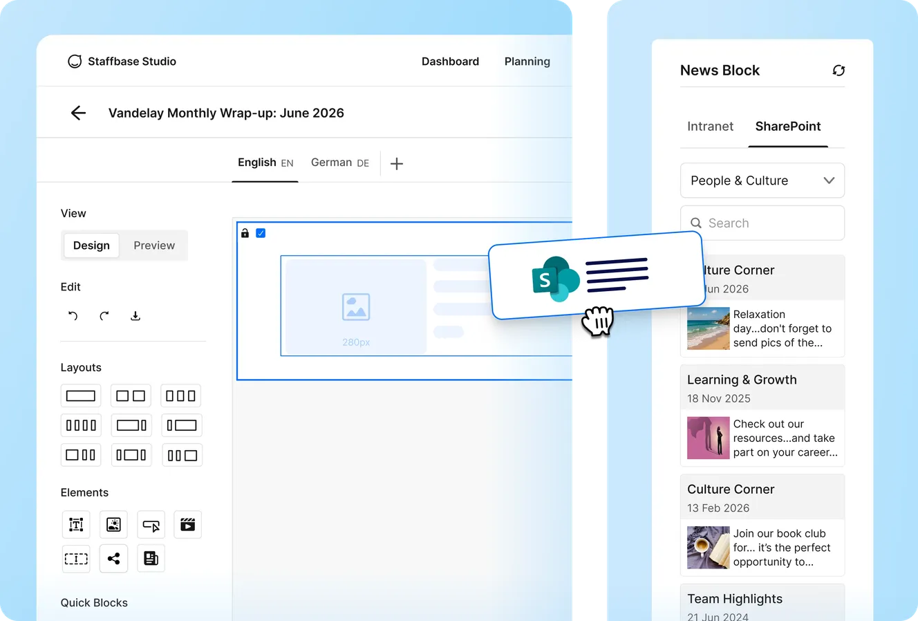 Staffbase Studio email editor showing a SharePoint News Block being added to a Vandelay Monthly Wrap-up newsletter, with Intranet and SharePoint tabs.