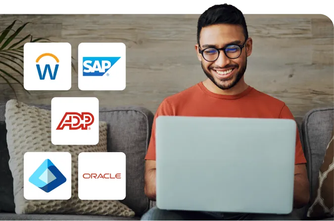 Smiling man using a laptop on a couch, with logos of Workday, SAP, ADP, Microsoft Azure, and Oracle displayed beside him.