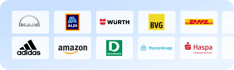 Logos von Staffbase-Kunden: MAN, Aldi, Würth, BVG, DHL, Adidas, Amazon, Deichmann, Thyssenkrupp, Haspa